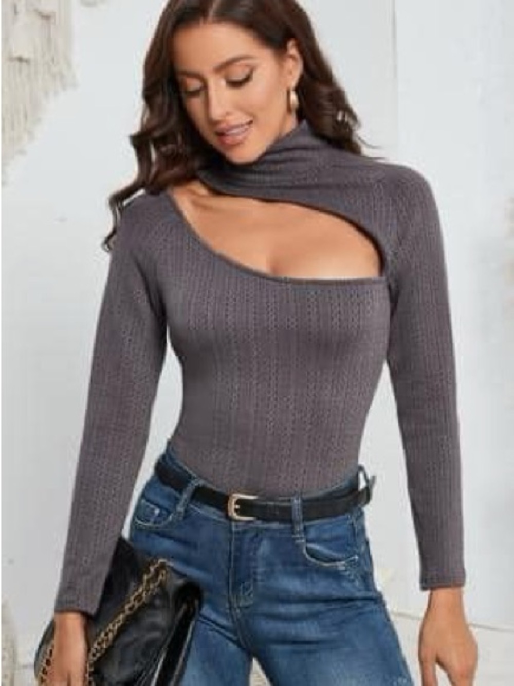 Women's Gray Cutout Ribbed Knit Sweater